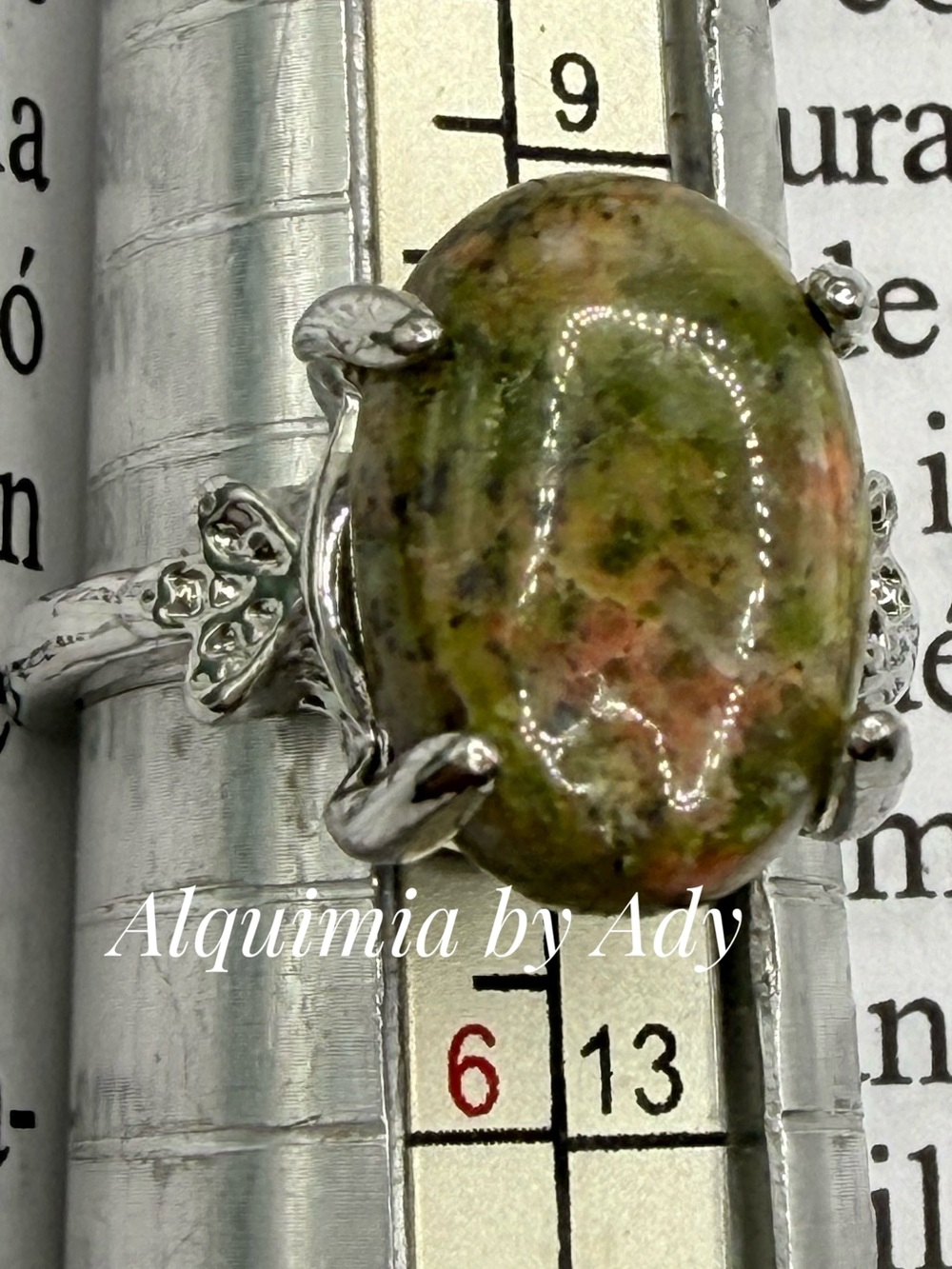 Olive Green and Pink unakite Statement Ring in Silver Tone Setting